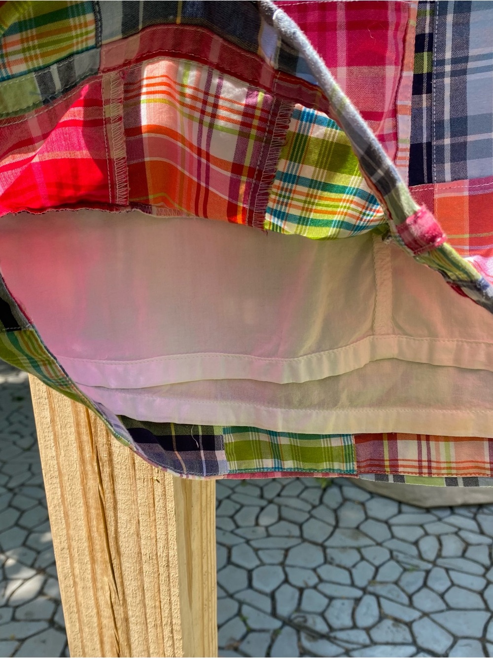 NWOT L.L. BEAN Multicolor Patchwork Plaid Cotton A-Line Skirt w/Navy Tie, Belted - Picture 7 of 8